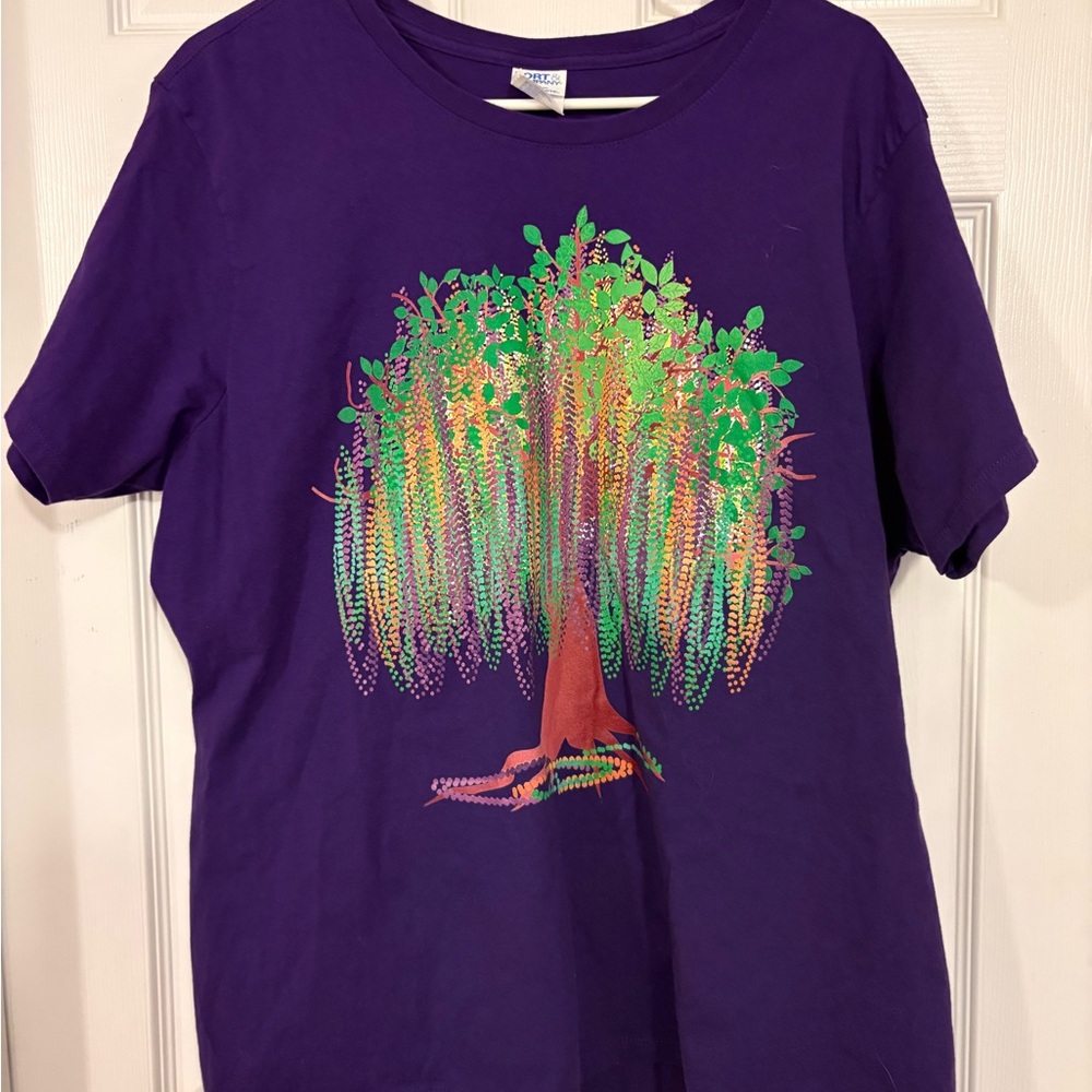 Port & Company 3x purple Mardi Gras tee shirt has Bead Tree decal on front SS